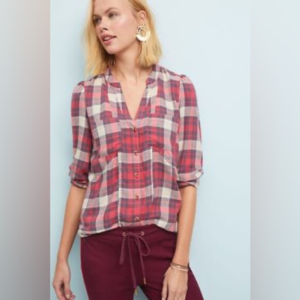 Anthropologie Women’s Long Sleeve Red Plaid Button Down Shirt Tunic Size 4